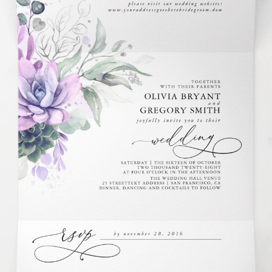 Boho Elegant Paars Succulents Greenery Wedding Drieluik Uitnodiging (Binnenkant midden)
