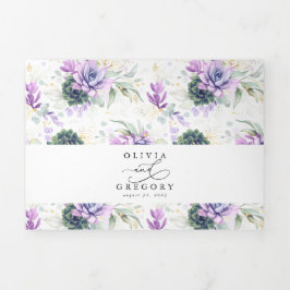 Boho Elegant Paars Succulents Greenery Wedding Drieluik Uitnodiging