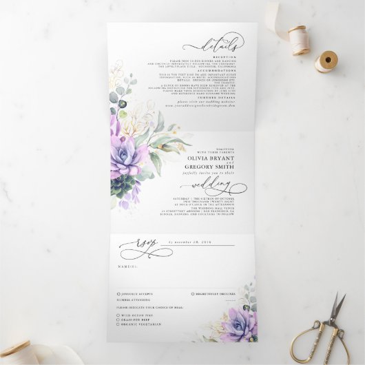 Boho Elegant Paars Succulents Greenery Wedding Drieluik Uitnodiging (Binnen)
