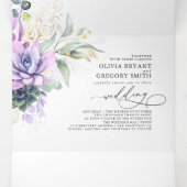 Boho Elegant Paars Succulents Greenery Wedding Drieluik Uitnodiging (Binnenkant midden)