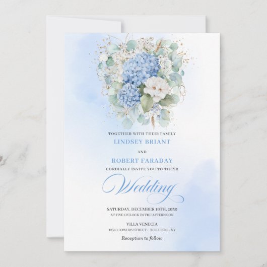 Boho Elegant Pastel Blue Hydrangea Floral Wedding Kaart (Voorkant)