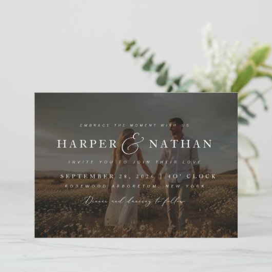 Boho Elegant Photo Overlay RSVP QR Code Wedding Kaart (Staand voorkant)