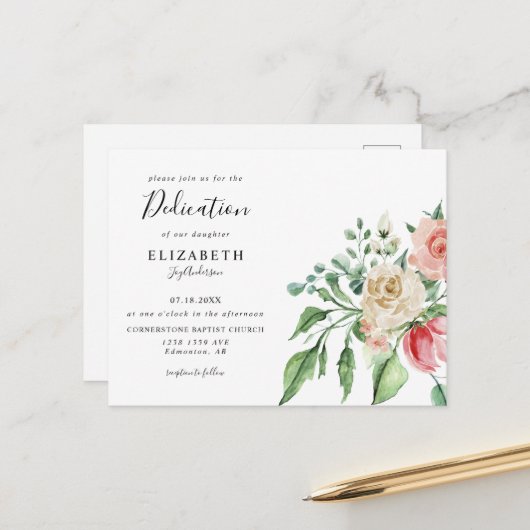 Boho Elegant Pink Rose Waterverf Baby Dedicatie Briefkaart (Voorkant / Achterkant in situ)