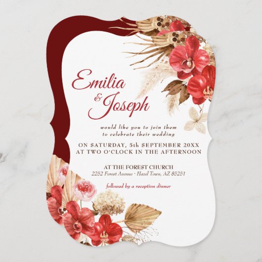 Boho elegant red orchid herfst custom Wedding Invi Kaart (Voorkant / Achterkant)