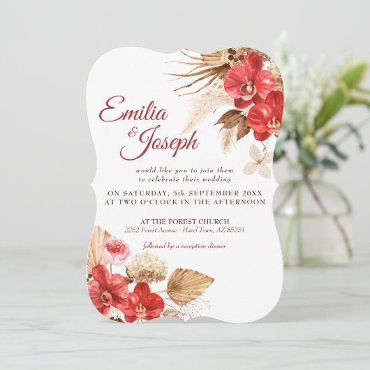Boho elegant red orchid herfst custom Wedding Invi Kaart (Staand voorkant)