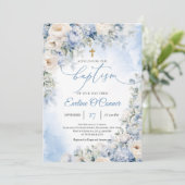 Boho Elegant Stoffig Blauw en Ivoor Bloemen Doop Kaart (Staand voorkant)