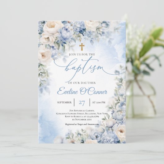 Boho Elegant Stoffig Blauw en Ivoor Bloemen Doop Kaart (Staand voorkant)