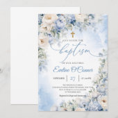 Boho Elegant Stoffig Blauw en Ivoor Bloemen Doop Kaart (Voorkant / Achterkant)