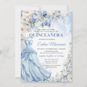 Boho Elegant Stoffig Blauw en Ivoor Bloemen Tiara Kaart (Voorkant)