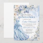 Boho Elegant Stoffig Blauw en Ivoor Bloemen Tiara Kaart (Voorkant / Achterkant)