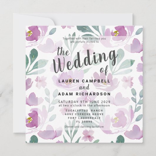 Boho Elegant Waterverf Floral Paars Wedding (Voorkant)