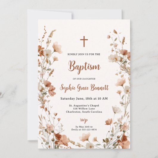 Boho elegant Wilde bloem Stof Roze Foto Doopfeest Kaart (Voorkant)