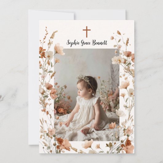 Boho elegant Wilde bloem Stof Roze Foto Doopfeest Kaart (Achterkant)