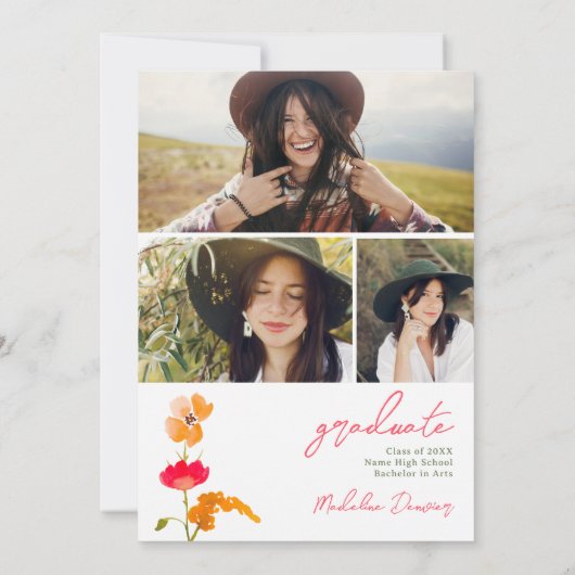 Boho Elegant Wildflowers 3-foto Afstuderen Kaart (Achterkant)