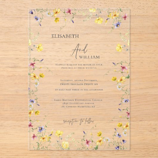 Boho Elegant Wildflowers Huwelijksuitnodiging Acryl Uitnodigingen (Voorkant)