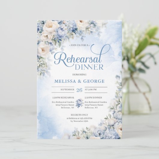 Boho Elegant Winter Stoffig Blauw en Ivoor Bloemen Kaart (Staand voorkant)