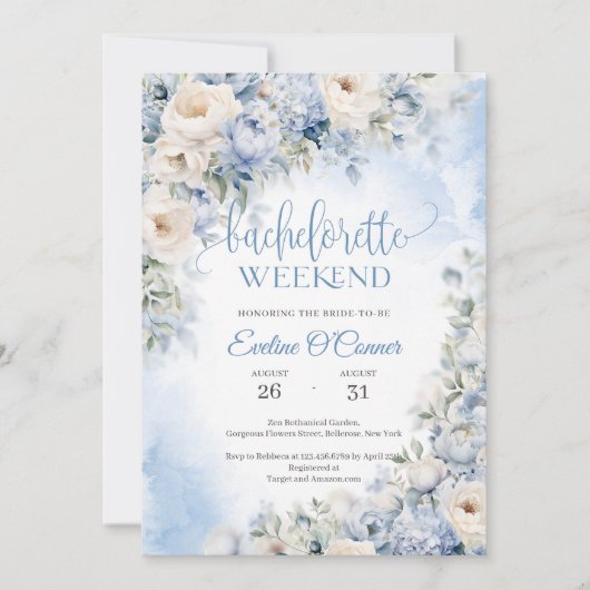 Boho Elegant Winter Stoffig Blauw en Ivoor Bloemen Kaart (Voorkant)