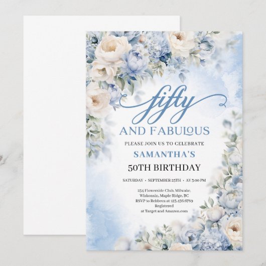 Boho Elegant Winter Stoffig Blauw en Ivoor Bloemen Kaart (Voorkant / Achterkant)