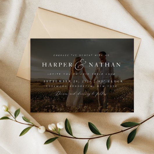 Boho Elegante Foto-overlay RSVP QR Code Huwelijk Kaart