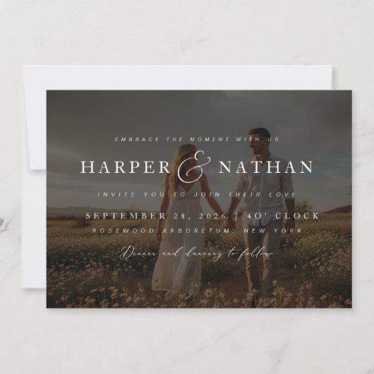 Boho Elegante Foto-overlay RSVP QR Code Huwelijk Kaart (Voorkant)