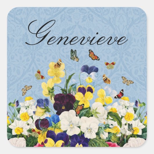 Boho Elegante lente Pansies Daffodils Vlinders Vierkante Sticker (Voorkant)