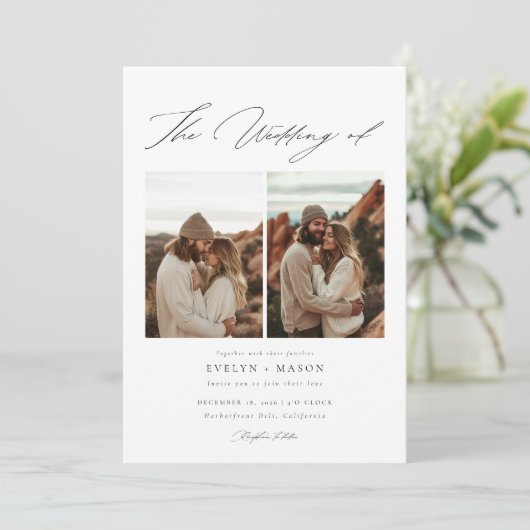 Boho Elegante Script QR Code Foto Budget Bruiloft Kaart (Staand voorkant)