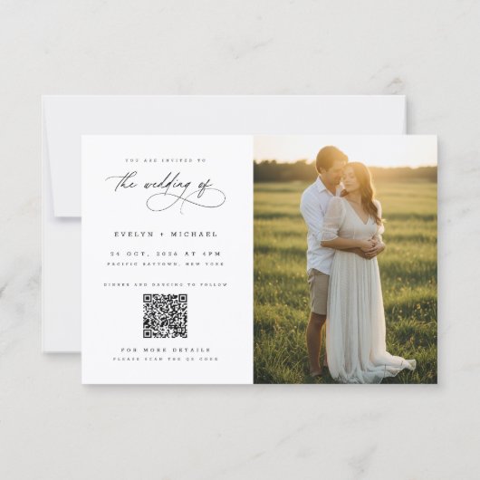 Boho Elegante Script QR Code Foto Budget Bruiloft Kaart (Achterkant)