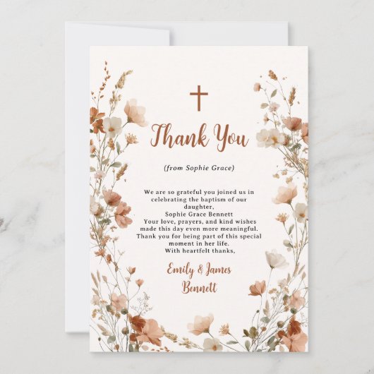 Boho elegante Wildflower Dusty Roos Foto Doop Bedankkaart (Voorkant)