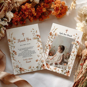 Boho elegante Wildflower Dusty Roos Foto Doop Bedankkaart