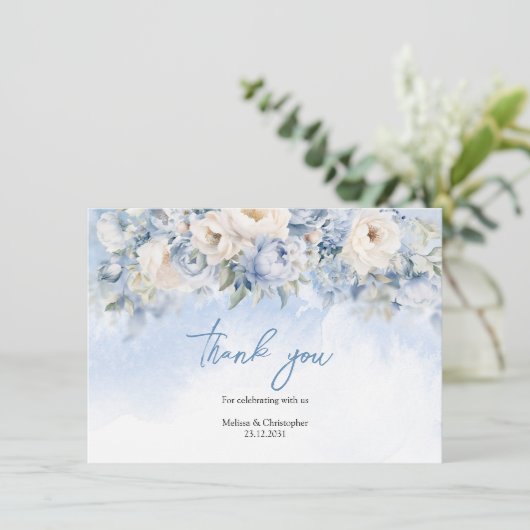 Boho Elegante winter stoffige blauwe en ivoren blo Bedankkaart (Staand voorkant)