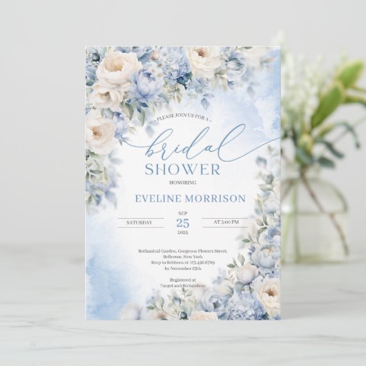 Boho Elegante winter stoffige blauwe en ivoren blo Kaart (Staand voorkant)