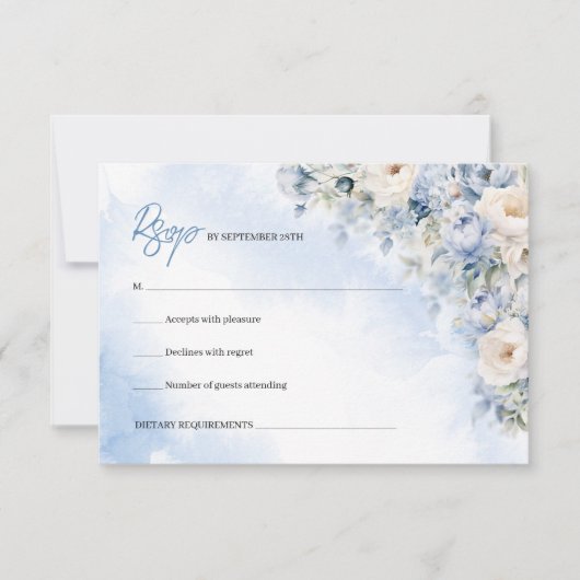 Boho Elegante winter stoffige blauwe en ivoren blo RSVP Kaartje (Voorkant)