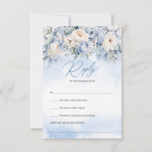 Boho Elegante winter stoffige blauwe en ivoren blo RSVP Kaartje (Voorkant)