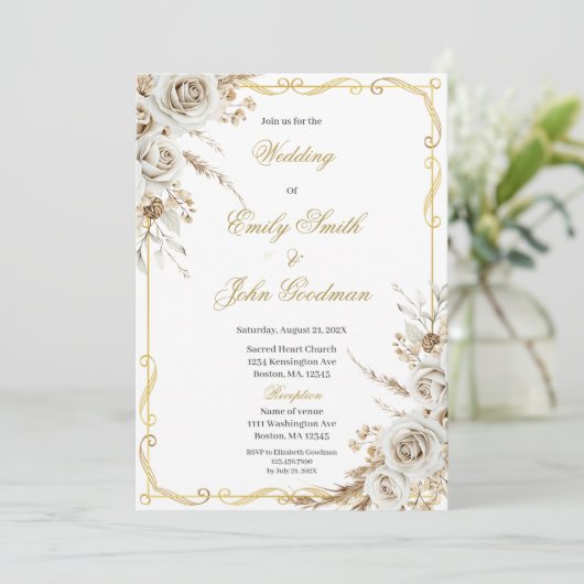 Boho elegante witte bloem huwelijksfeest kaart (Staand voorkant)