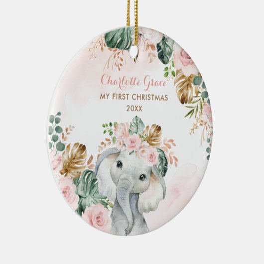 Boho Elephant Baby 1e Kerstmis Blush Pink Flower Keramisch Ornament (Rechts)