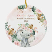 Boho Elephant Baby 1e Kerstmis Blush Pink Flower Keramisch Ornament (Voorkant)