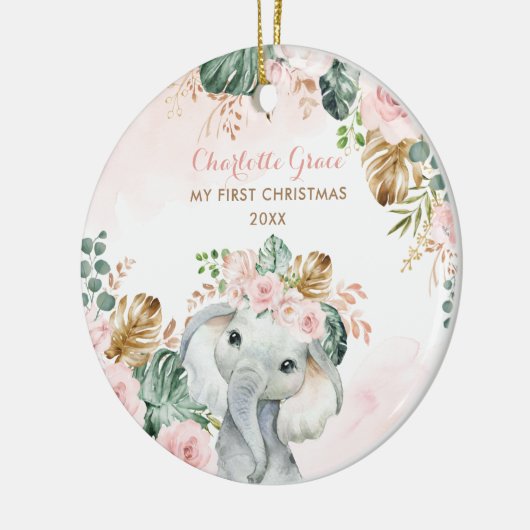Boho Elephant Baby 1e Kerstmis Blush Pink Flower Keramisch Ornament (Links)