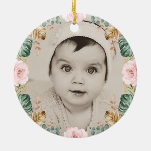 Boho Elephant Baby 1e Kerstmis Blush Pink Flower Keramisch Ornament (Achterkant)