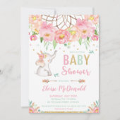 Boho Elephant Baby shower Girl Pink Mint Floral Kaart (Voorkant)
