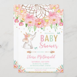 Boho Elephant Baby shower Girl Pink Mint Floral Kaart