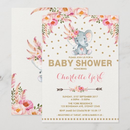 Boho Elephant Baby shower Invite Pink Gold Oerwoud Kaart (Voorkant / Achterkant)