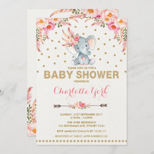 Boho Elephant Baby shower Invite Pink Gold Oerwoud Kaart
