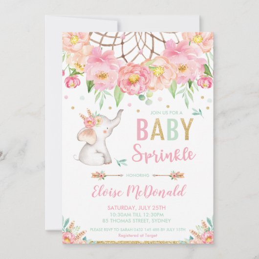 Boho Elephant Baby Sprinkle Girl Pink Mint Floral Kaart (Voorkant)