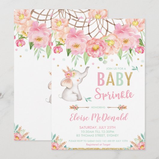 Boho Elephant Baby Sprinkle Girl Pink Mint Floral Kaart (Voorkant / Achterkant)