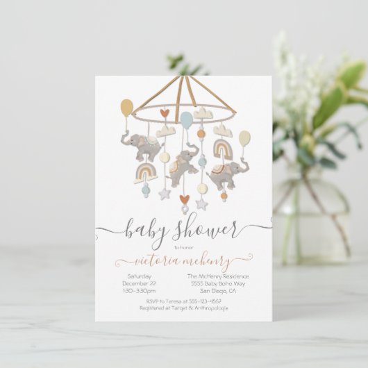 Boho Elephant Balloons Mobile Baby shower Kaart (Staand voorkant)