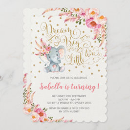 Boho Elephant Birthday Uitnodiging Dream Big Flora