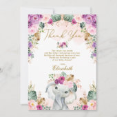 Boho Elephant Blush Pink Paars Floral Baby shower Bedankkaart (Voorkant)