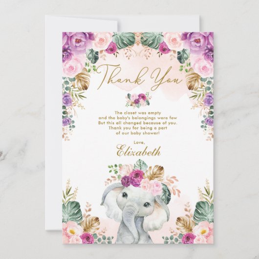 Boho Elephant Blush Pink Paars Floral Baby shower Bedankkaart (Voorkant)