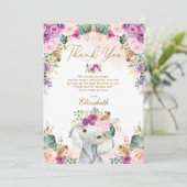Boho Elephant Blush Pink Paars Floral Baby shower Bedankkaart (Staand voorkant)