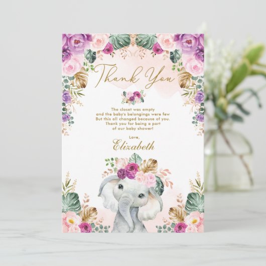 Boho Elephant Blush Pink Paars Floral Baby shower Bedankkaart (Staand voorkant)